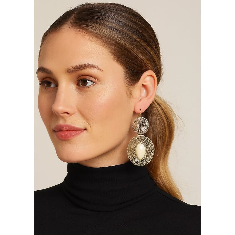 Mia Collection Filigree Dangle Drop Hook Earrings Gold Tone Ivory Cabochon New‎